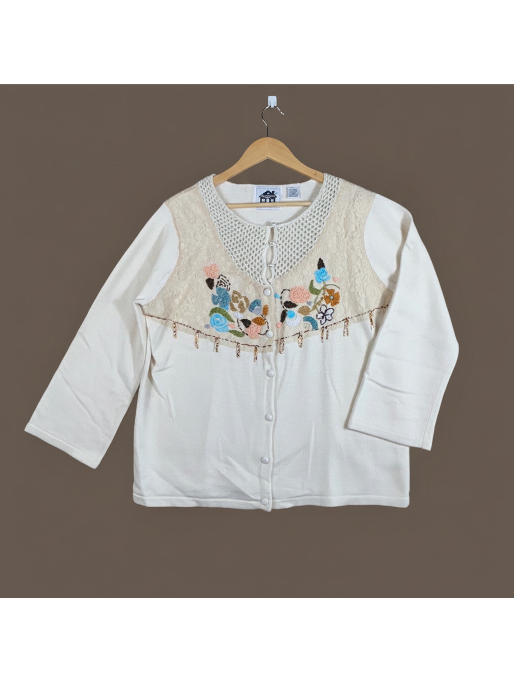 Storybook Knits Ivory Floral Embroidered Button Front Cardigan Sweater Size 1X